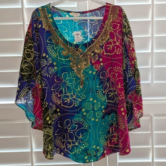 NEW Chico's Aleisy Dolman Short Sleeve Beaded Print Poncho Top Shirt Blouse L/XL - Picture 1 of 5